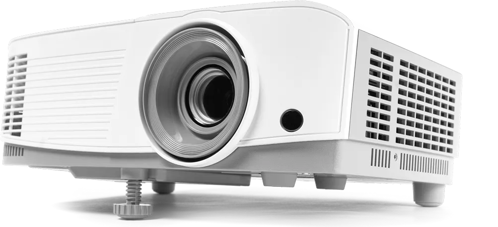 Biały projektor multimedialny z dużym obiektywem.
